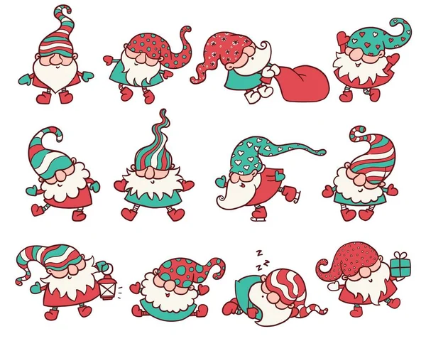 Mignon ensemble gnome de Noël - petits elfes de vacances dessin animé — Image vectorielle