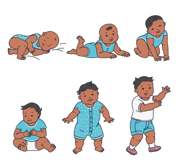 Baby growth set - African child growing from infant to toddler to little boy — Stock Vector