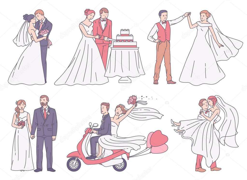 Set of wedding scenes with bride and groom sketch vector illustration isolated