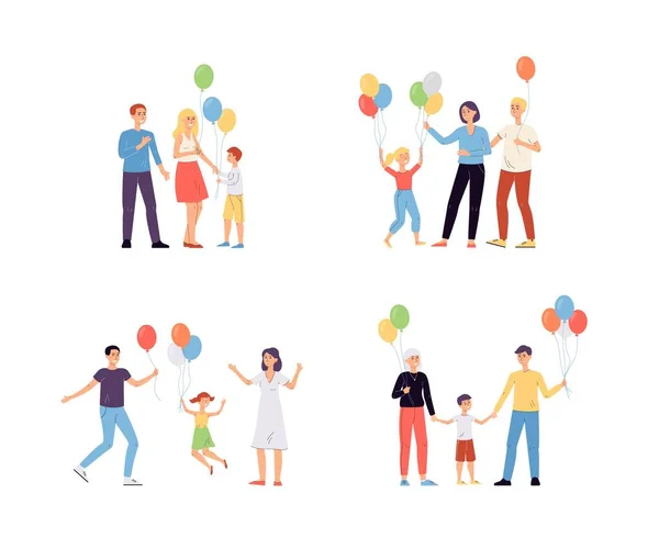 Set van ouders en kinderen met ballonnen platte vector illustratie geïsoleerd. — Stockvector