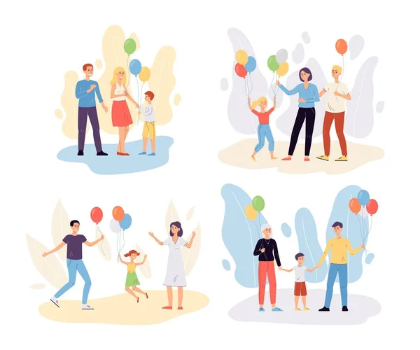 Famille heureuse avec des ballons d'hélium - ensemble de personnes de bande dessinée avec des enfants — Image vectorielle