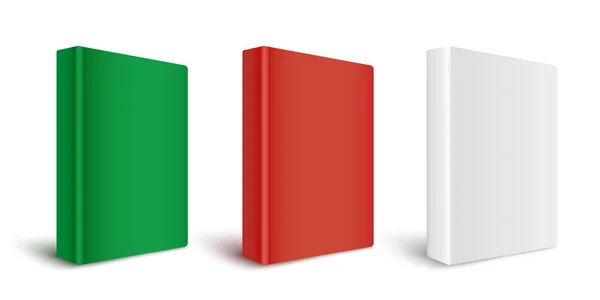 Set of templates of blank red, green and white hardcover paper books. — Stock Vector