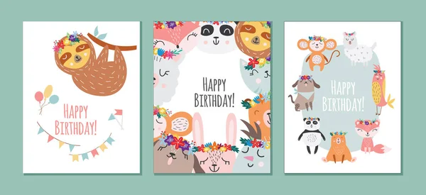 Tarjetas de cumpleaños con animales en estilo escandinavo ilustración vectorial plana. — Archivo Imágenes Vectoriales