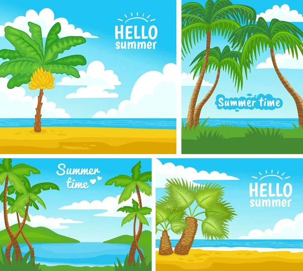 Hola cartel de verano con playa isla tropical con palmeras. Ilustración vectorial. — Vector de stock