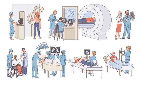 Arzt und Krebspatient mit moderner Ausrüstung im Krankenhaus — Stockvektor