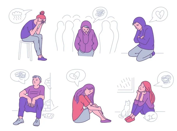 Conjunto de personas solitarias - personas tristes con el corazón roto y la soledad — Vector de stock