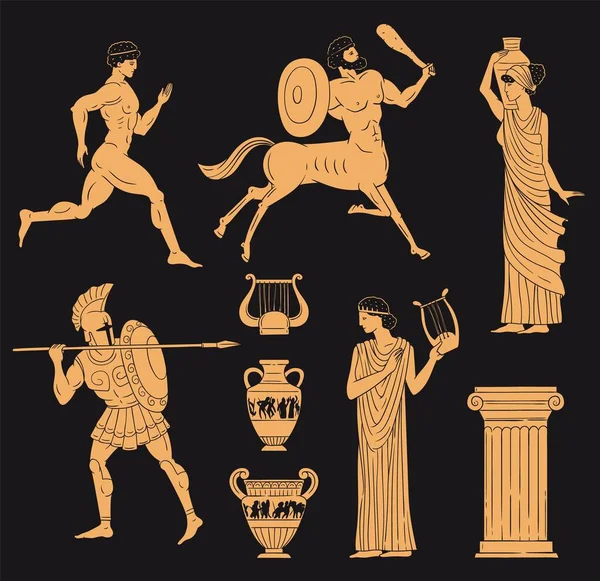 Золотые фигурки Древней Греции устанавливают терракотовый стиль, векторная иллюстрация изолирована. — стоковый вектор