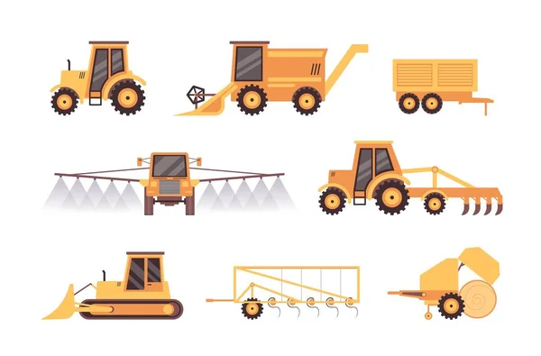 Ensemble véhicules et machines agricoles, illustration vectorielle plate isolée. — Image vectorielle