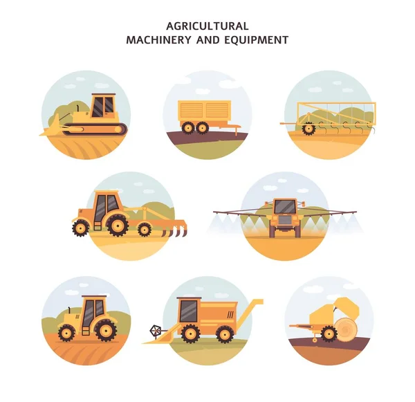 Set machines et équipements agricoles icônes, illustration vectorielle isolée. — Image vectorielle