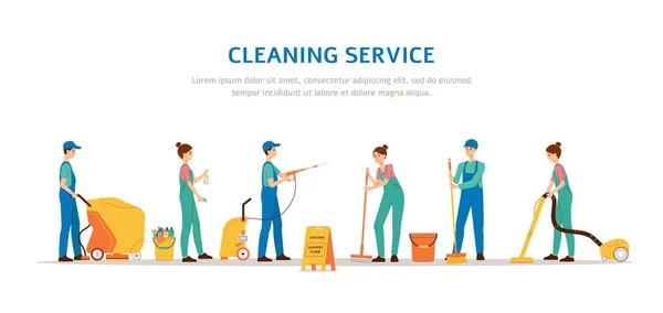 Cleaning service banner template with cleaner team in uniform using equipment — Stock Vector