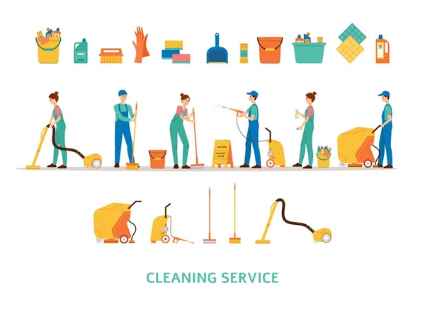 Cleaning service workers and equipment set isolated on white background — Stock Vector