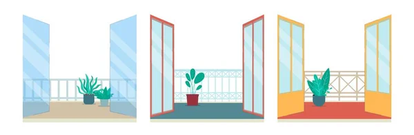 バルコニーのオープンドアからの眺め、フラットベクトルイラストセット孤立. — ストックベクタ