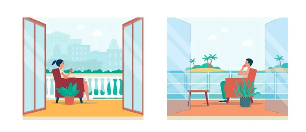Cartoon people in balcony interior with city and tropical island view