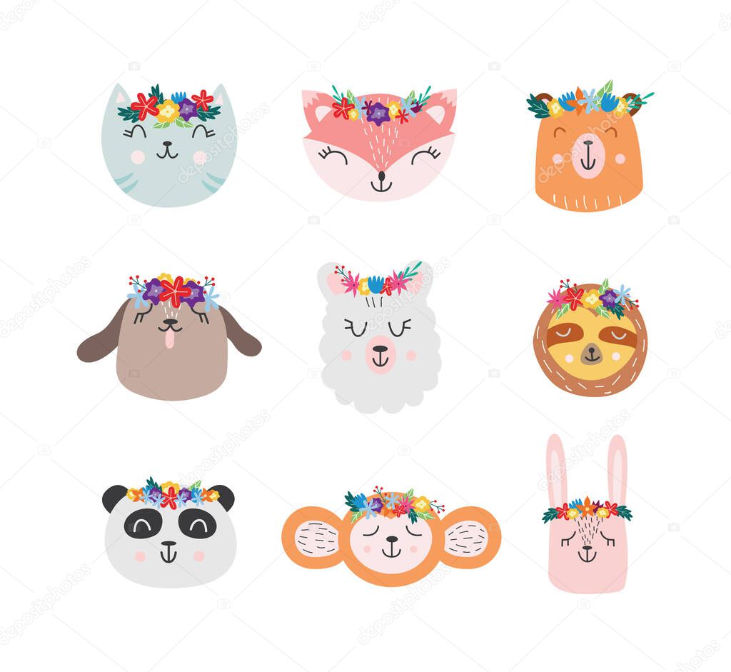 Cute cartoon animals in flower crowns - isolated set on white background