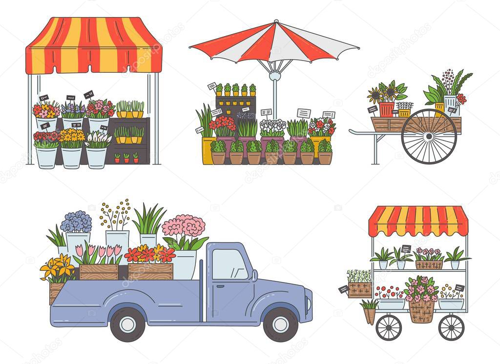 Flower market stalls and vans set, sketch cartoon vector illustration isolated.