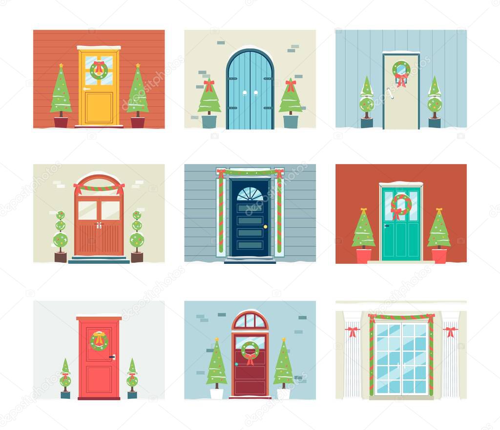 Front door of house decorated for Christmas - isolated festive set
