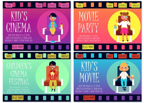 映画館で3D映画を見ている子供たち-子供向けエンターテイメントバナーセット — ストックベクタ