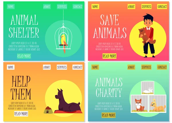 Conjunto de sitios web de refugio de animales e ilustración de vector plano de caridad. — Vector de stock