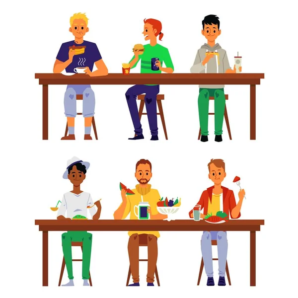 人々は昼食テーブルで一緒に食べ物を食べる-食事を持つ漫画の男性 — ストックベクタ