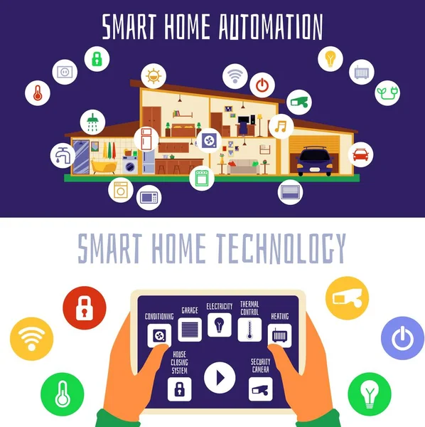 Smart home automation system technology banner - tablet s dálkovým ovládáním — Stockový vektor