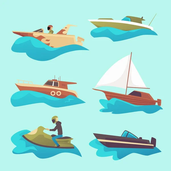 Set gemotoriseerde zeeboten en vissersschepen, vlakke vectorillustratie geïsoleerd. — Stockvector