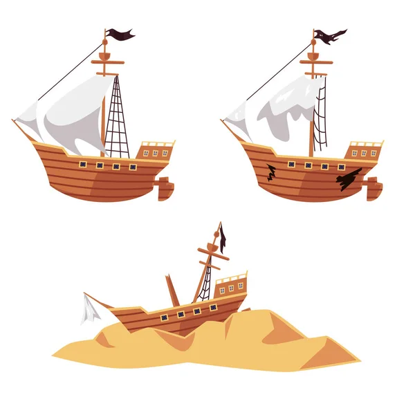 Juego de naufragios de barcos piratas - barco nuevo y viejo con bandera negra, piezas de naufragio — Vector de stock