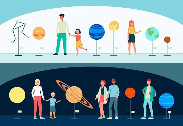 Vectorbanners met mensen die het planetarium bezoeken. — Stockvector