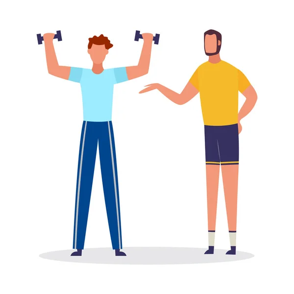 Hombre de dibujos animados levantando pesas con entrenador personal. Entrenador deportivo ayudando cliente — Vector de stock