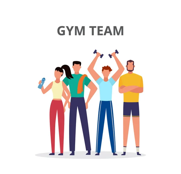 Grupo de personajes jóvenes Equipo de gimnasio, ilustración vectorial plana aislada. — Vector de stock