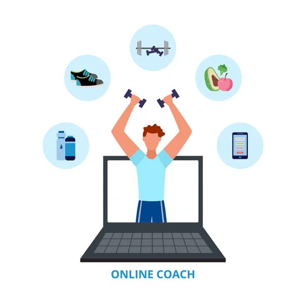 Afiche de entrenador de fitness en línea con entrenador personal que sale de la pantalla del ordenador portátil — Archivo Imágenes Vectoriales