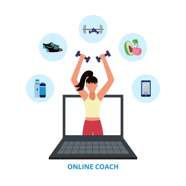 Online coach banner - female personal fitness trainer coming out of laptop — Stock Vector