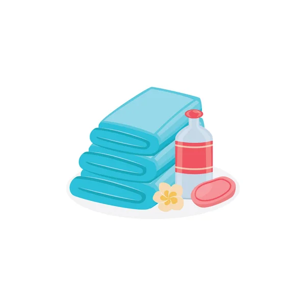 Izolované koupelnové předměty - čerstvé ručníky stack, šampon láhev, mýdlo a květiny — Stockový vektor