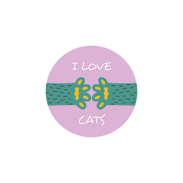I love cats - cute circle sticker with pet animal paws reaching for each other. — Stock Vector