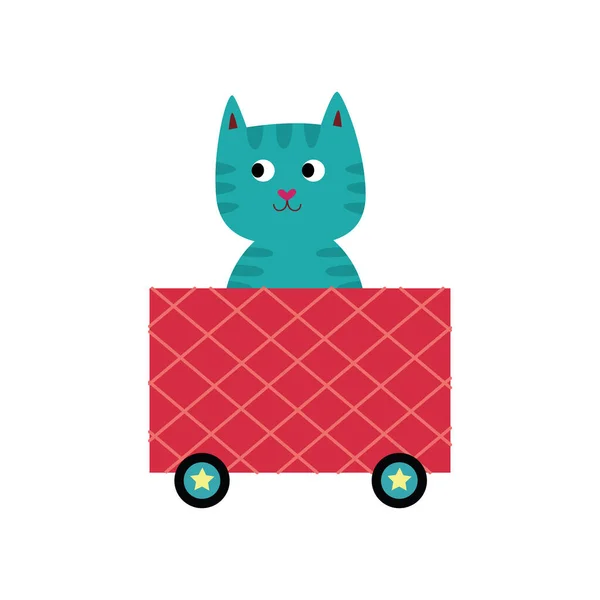 분홍색 기관차 마차를 타고 앉아서 웃고 있는 푸른 색 만화 고양이 — 스톡 벡터