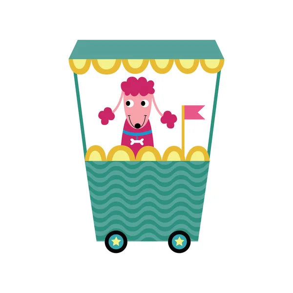 Rózsaszín uszkár kutya ül zöld vonat kocsi - elszigetelt rajzfilm kisállat — Stock Vector
