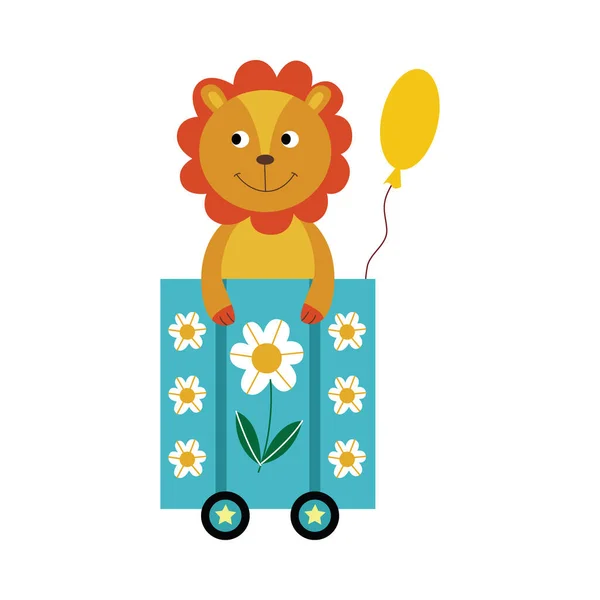 Geburtstagskarte mit Löwen-Cartoon-Figur in Spielzeugeisenbahn flache Vektorillustration. — Stockvektor