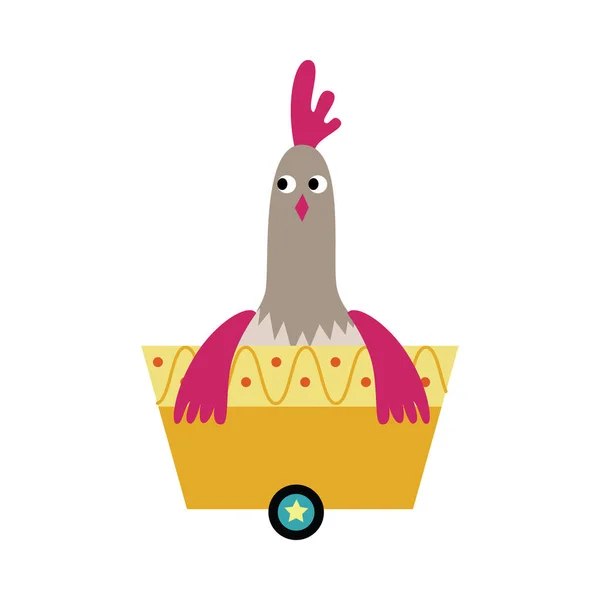 Poulet chevauchant dans un chariot à jouets pour enfants illustration vectorielle plate isolé. — Image vectorielle