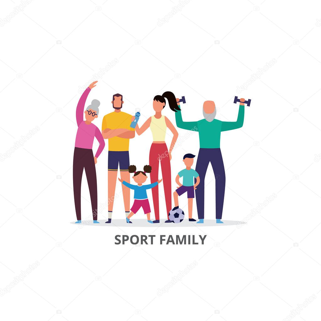 Sport family group of various generations, flat vector illustration isolated.