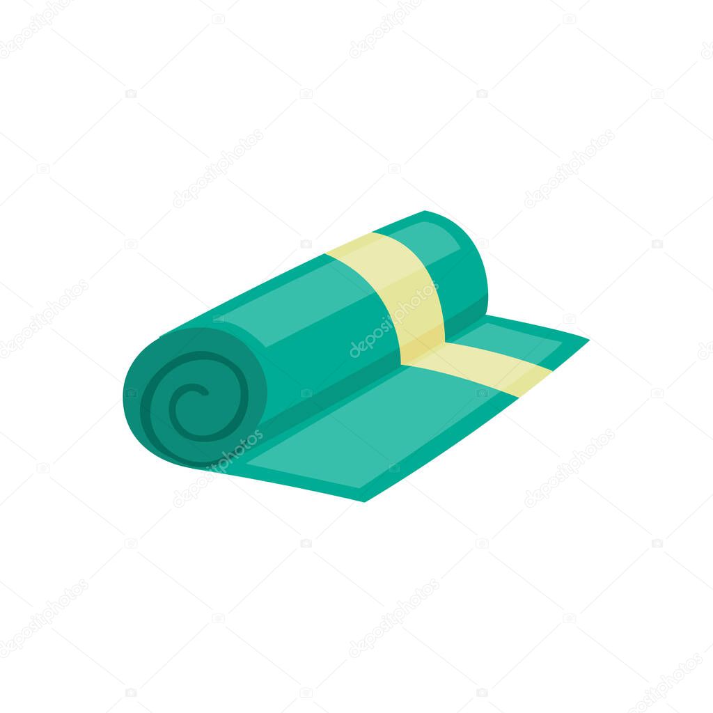 Green rolled kitchen or bath fabric towel, flat vector illustration isolated.