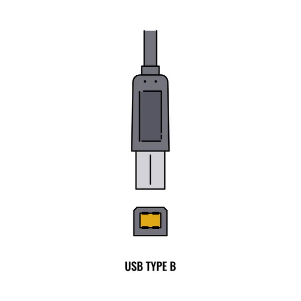 Cable USB tipo B y conector de enchufe aislado sobre fondo blanco — Archivo Imágenes Vectoriales