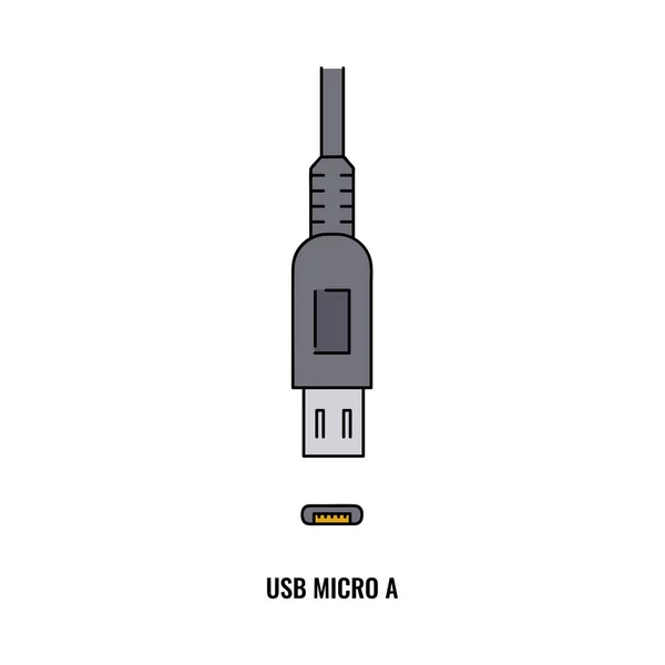 Puerto micro USB con cable ilustración vectorial de boceto de dispositivo informático aislado. — Vector de stock