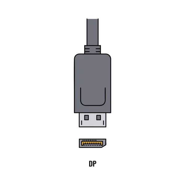 Cable de conector de computadora DP e icono de puerto, ilustración de vector de boceto aislado. — Vector de stock