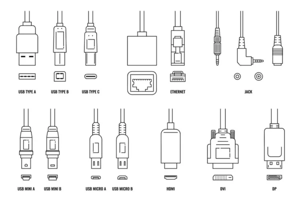 USB-, HDMI-, Ethernet-und andere Kabel-und Port-Symbol-Set mit Steckern — Stockvektor