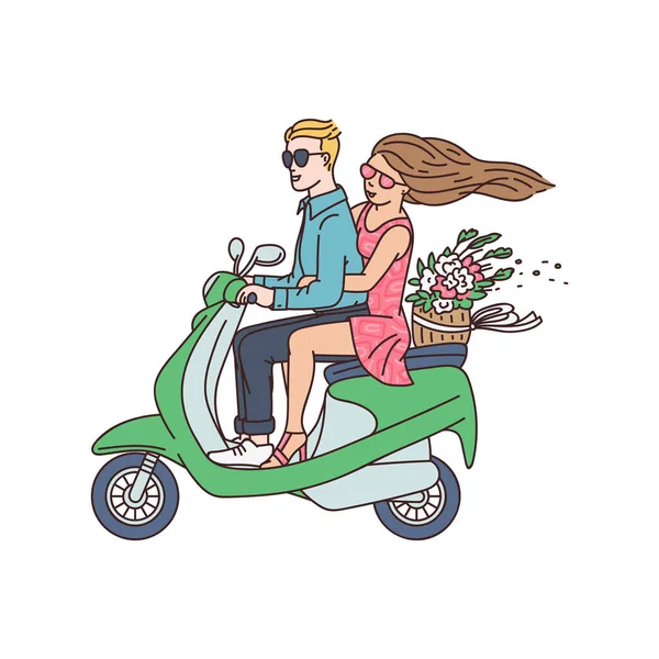 Pareja de ciclistas a caballo motocicleta bosquejo ilustración vector de dibujos animados aislados. — Vector de stock