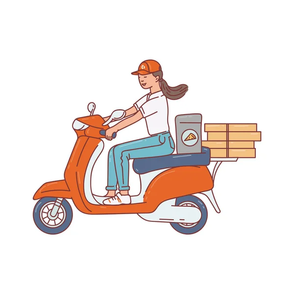 Доставка продовольственного курьера - девушка на мотоцикле, эскиз векторной иллюстрации изолирован. — стоковый вектор