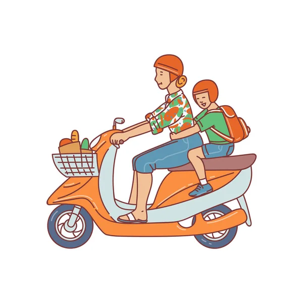 Personagens de mulher e criança montando ciclomotor ou motocicleta ilustração vetorial. —  Vetores de Stock