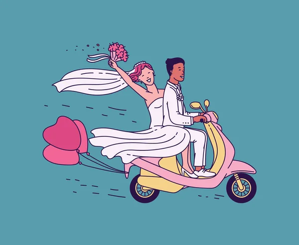 Recién casados pareja de recién casados a caballo motocicleta boceto vector ilustración. — Vector de stock