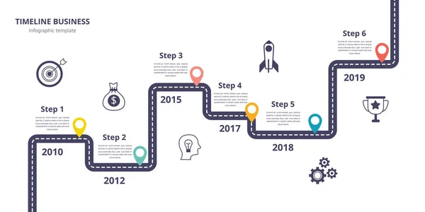 Business timeline infographics, journey and road map with steps and icons. — Stock Vector