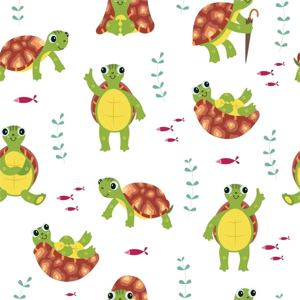 Seamless pattern with cute turtles in cartoon style for fabric, wallpaper and textiles. — Stock Vector