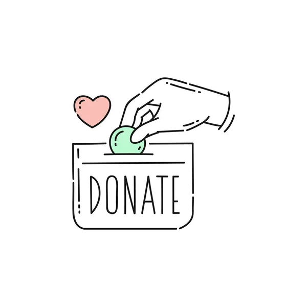 Liefdadigheidsgeld donatie icoon - hand zetten van een groene munt in een portemonnee met woord doneren. — Stockvector